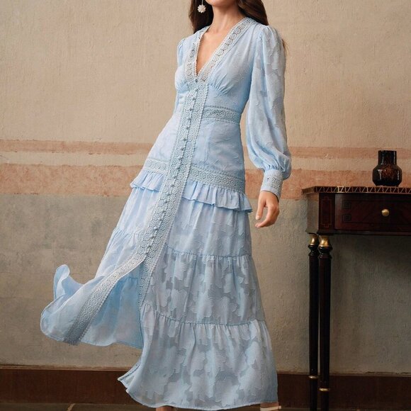 Baby Blue Elegant Women's French Style Ruched V-Neck Puff Sleeve Maxi Dress - Picture 5 of 6